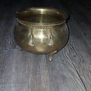 Hosley Vintage Solid Brass Pot Vase Hammered with Rope Detail, Boho, Planter